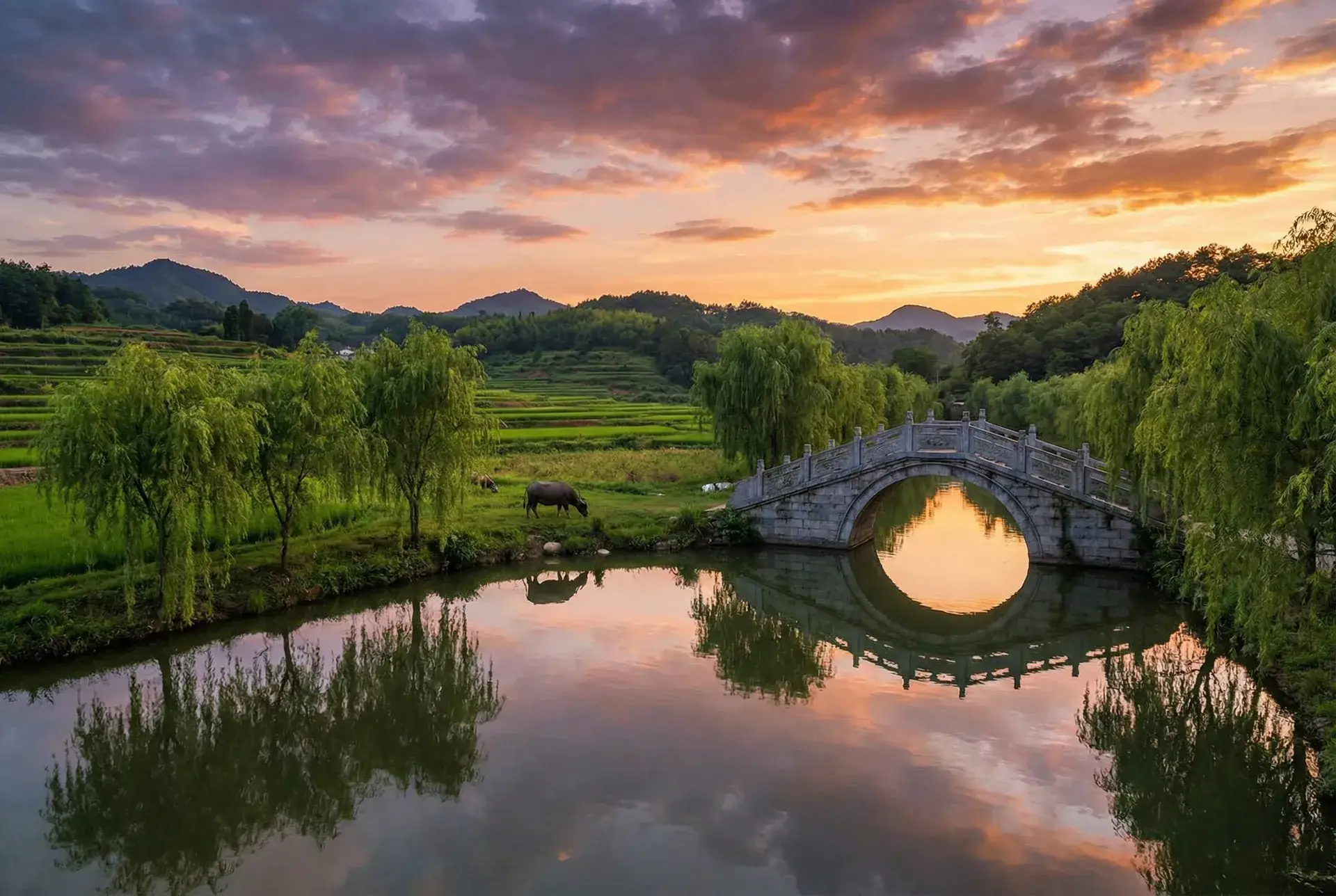 夕阳下的石拱桥与垂柳，水牛在河边吃草 - 一生一世美人骨电视剧免费观看完整版 乡村美景